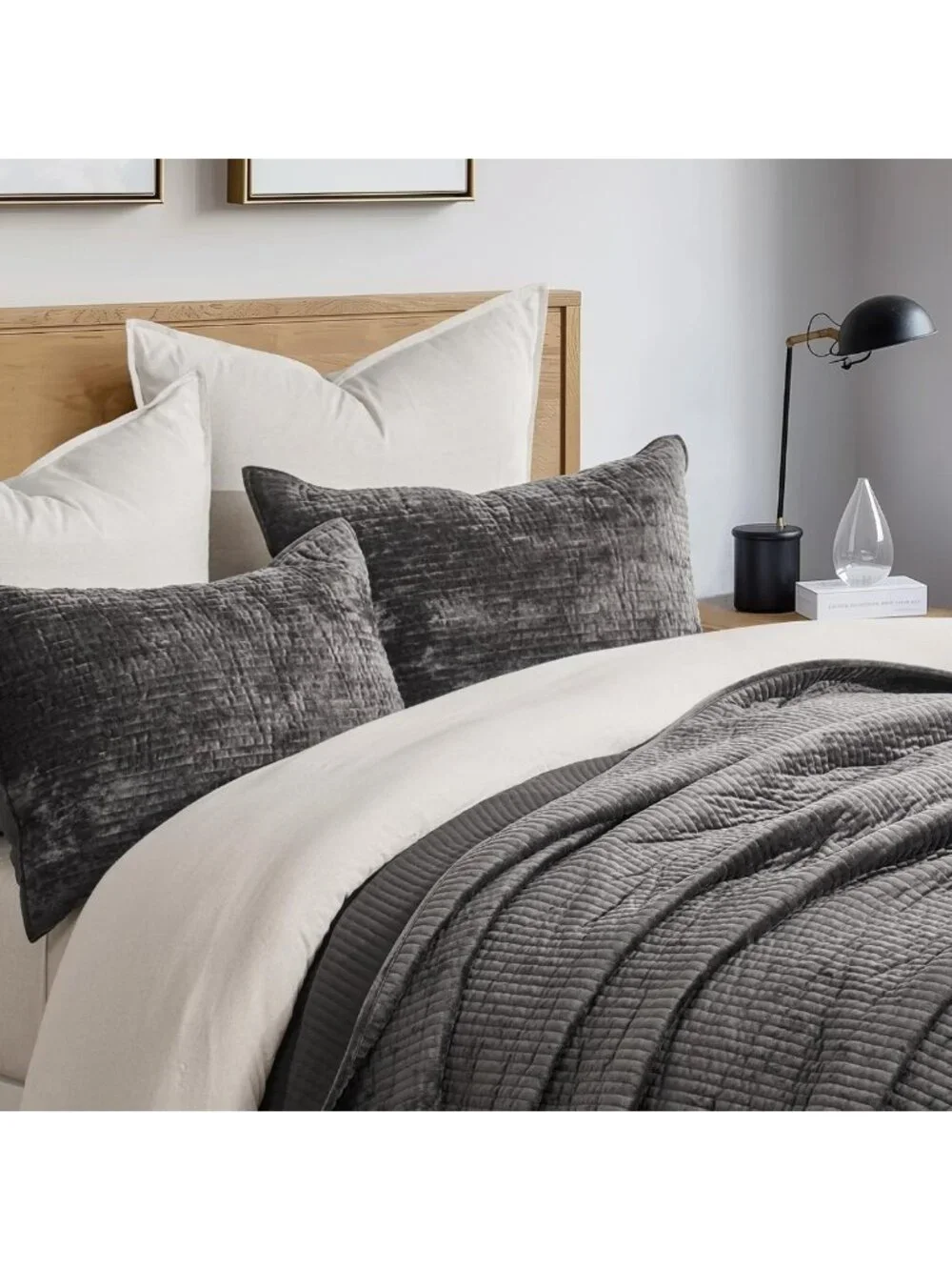 Luxurious Striped Velvet Quilt Set, King Size, Soft Washed Black Bedding